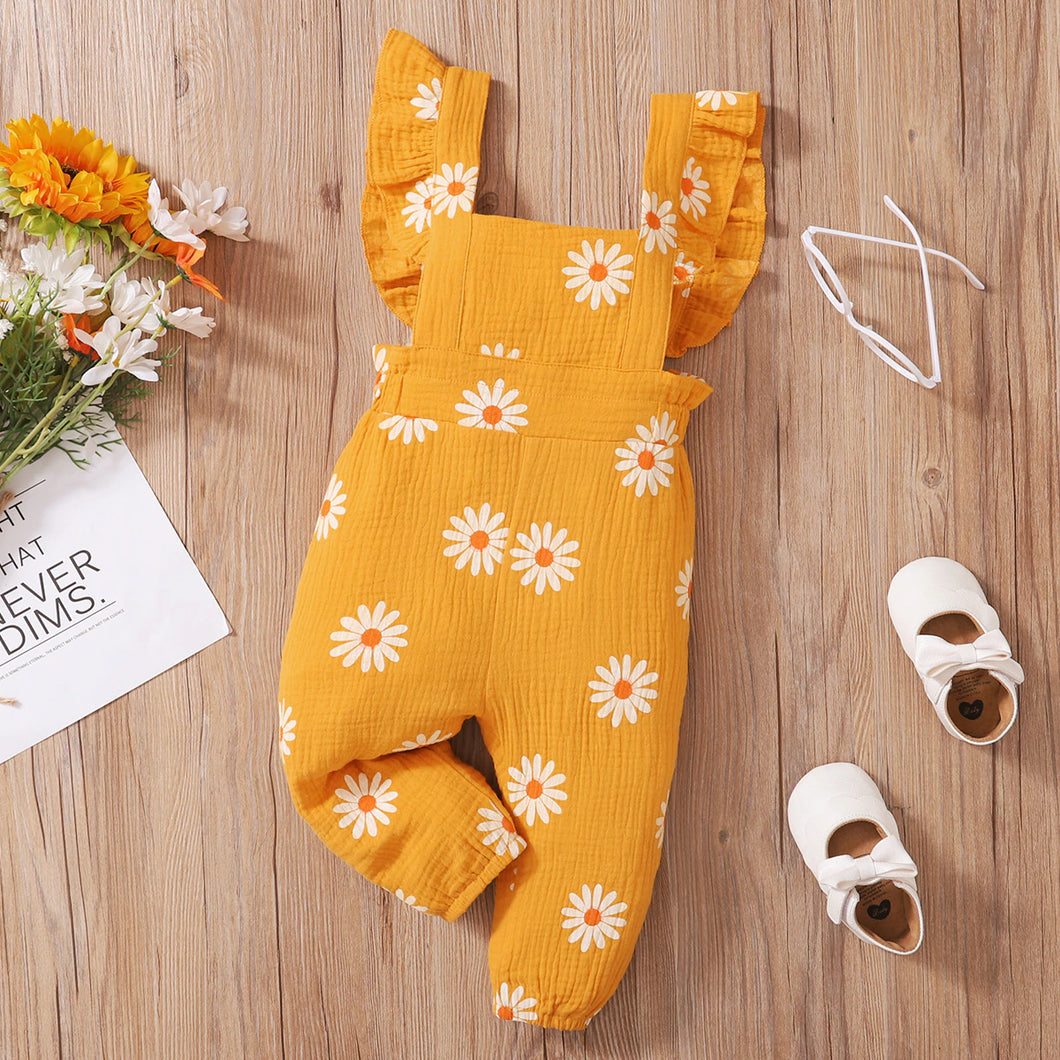 100% Cotton Baby Girl All Over Daisy Floral Print Sleeveless Ruffle Crepe Overalls - Ginger