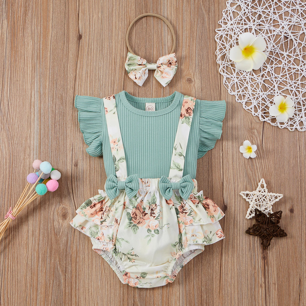 2pc Floral Print Flutter-sleeve Baby Sets - Light Green