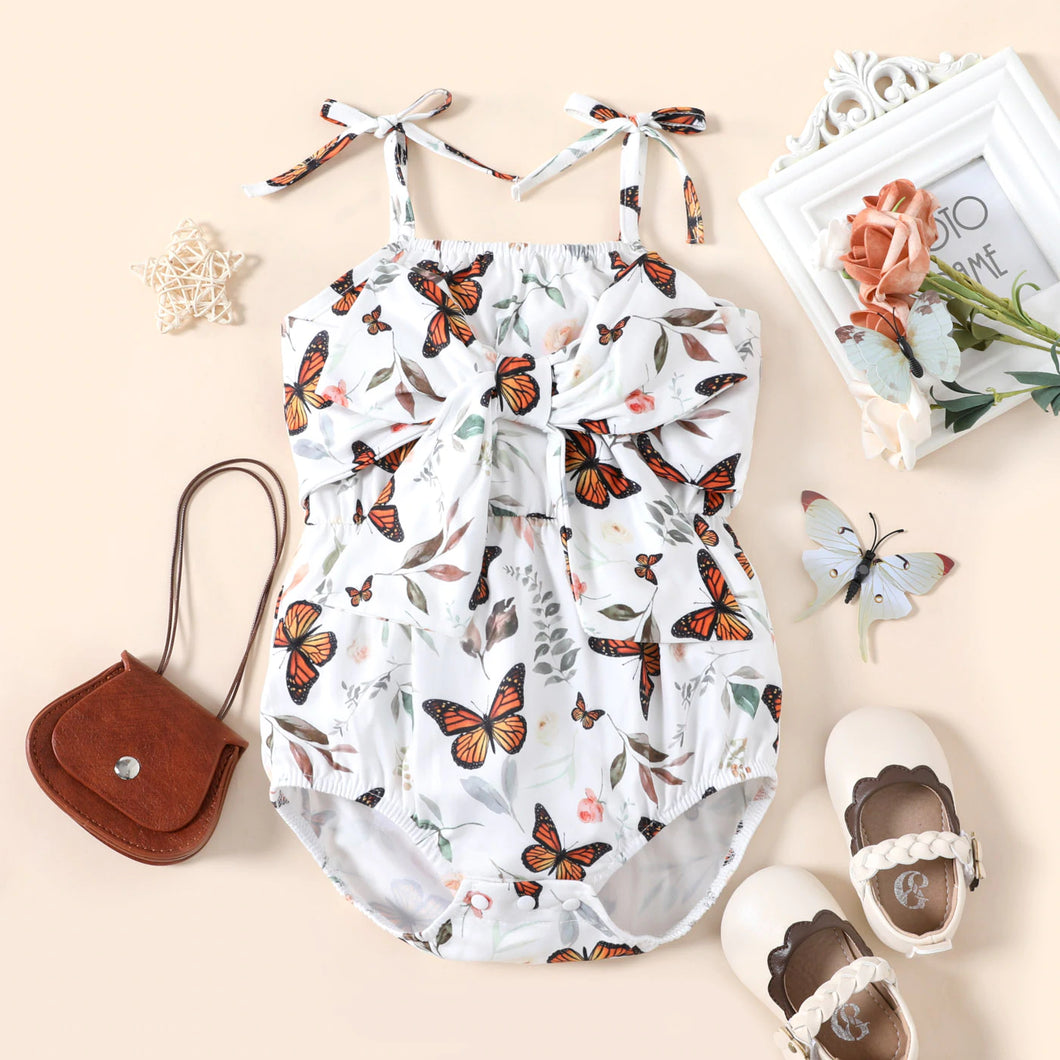 Baby Girl Ribbed Butterfly Print Sleeveless Spaghetti Strap Bowknot Romper - Color block