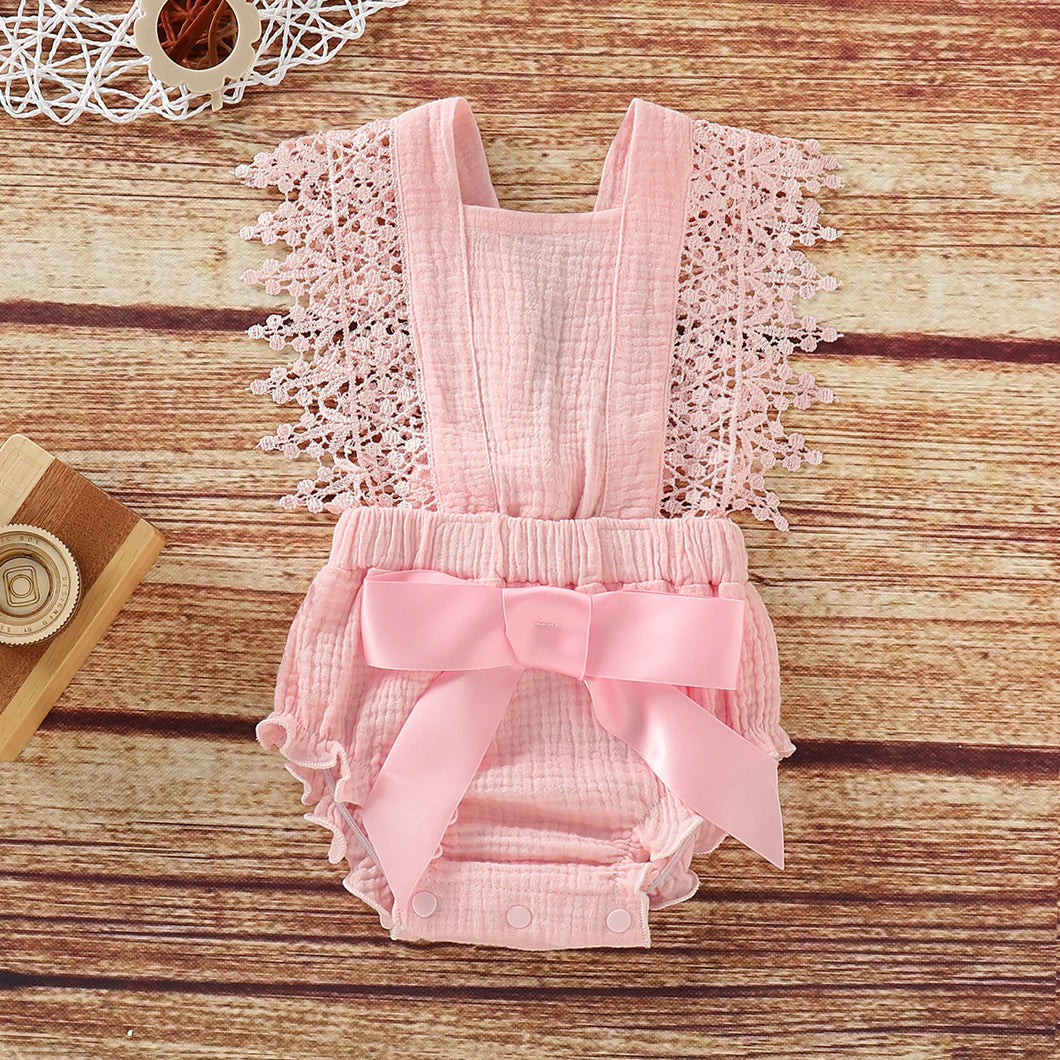 Baby/ Toddler Girl's Lace Decor Tie-up Bodysuit -Pink