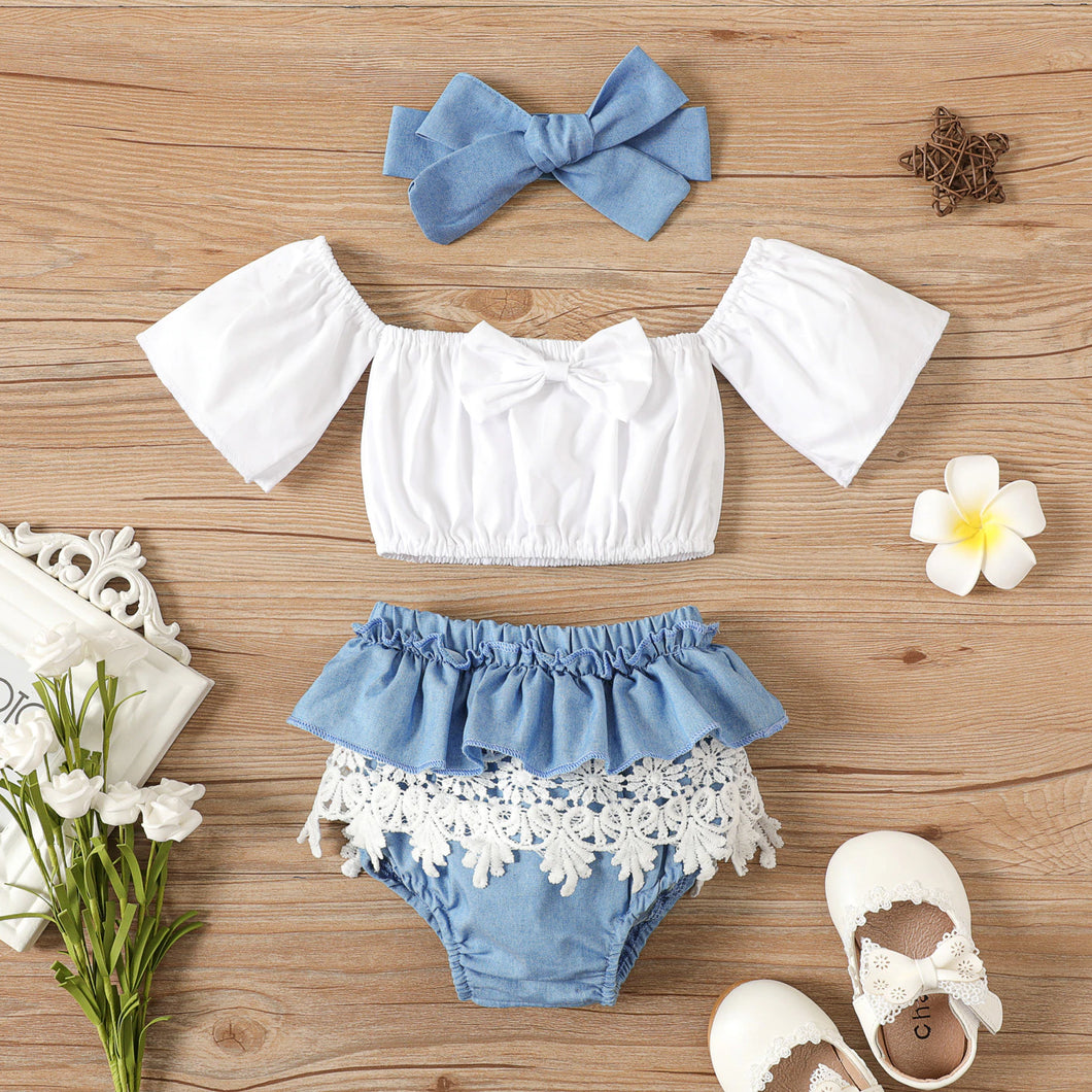 Baby Girl Off Shoulder Short-sleeve Crop Top and Lace Shorts with Headband 3pc Set - White