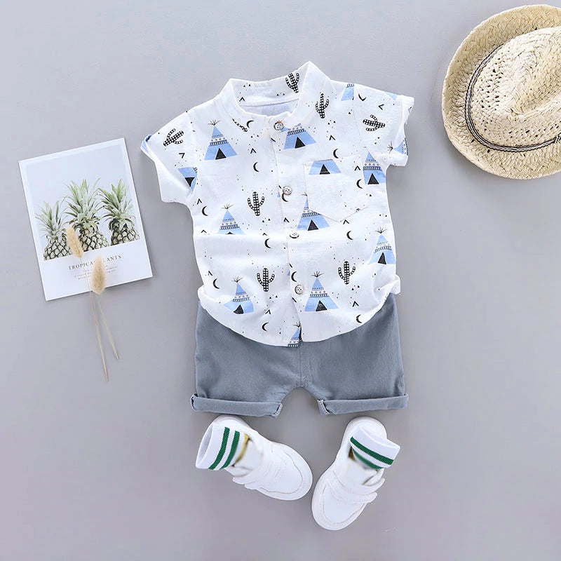 Cactus Print Short-sleeve Shirt and Pants Set - Blue