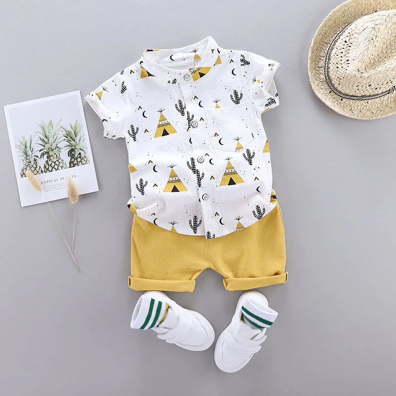 Cactus Print Short-sleeve Shirt and Pants Set - Yellow
