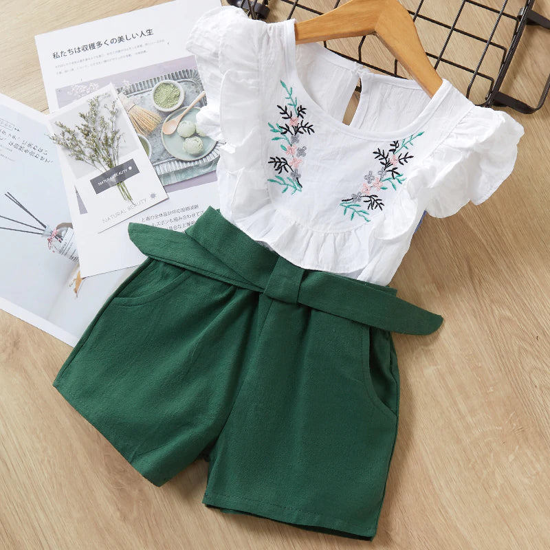 Girls Embroidered Top w/ Green Shorts