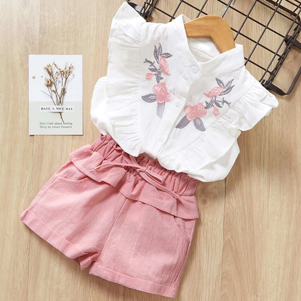Girls Embroidered Shirt w/ Pink Shorts