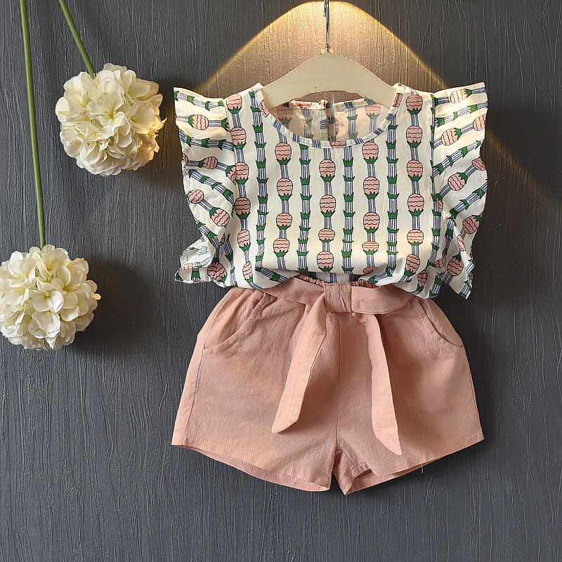 Ruffle Pineapple Blouse and Shorts Set - Pink