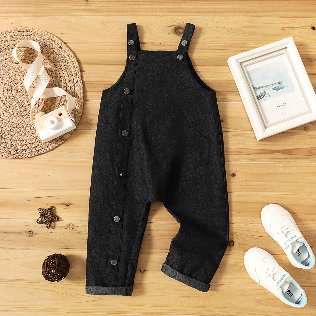 Toddler Boy Casual Button Design Black Overalls - black