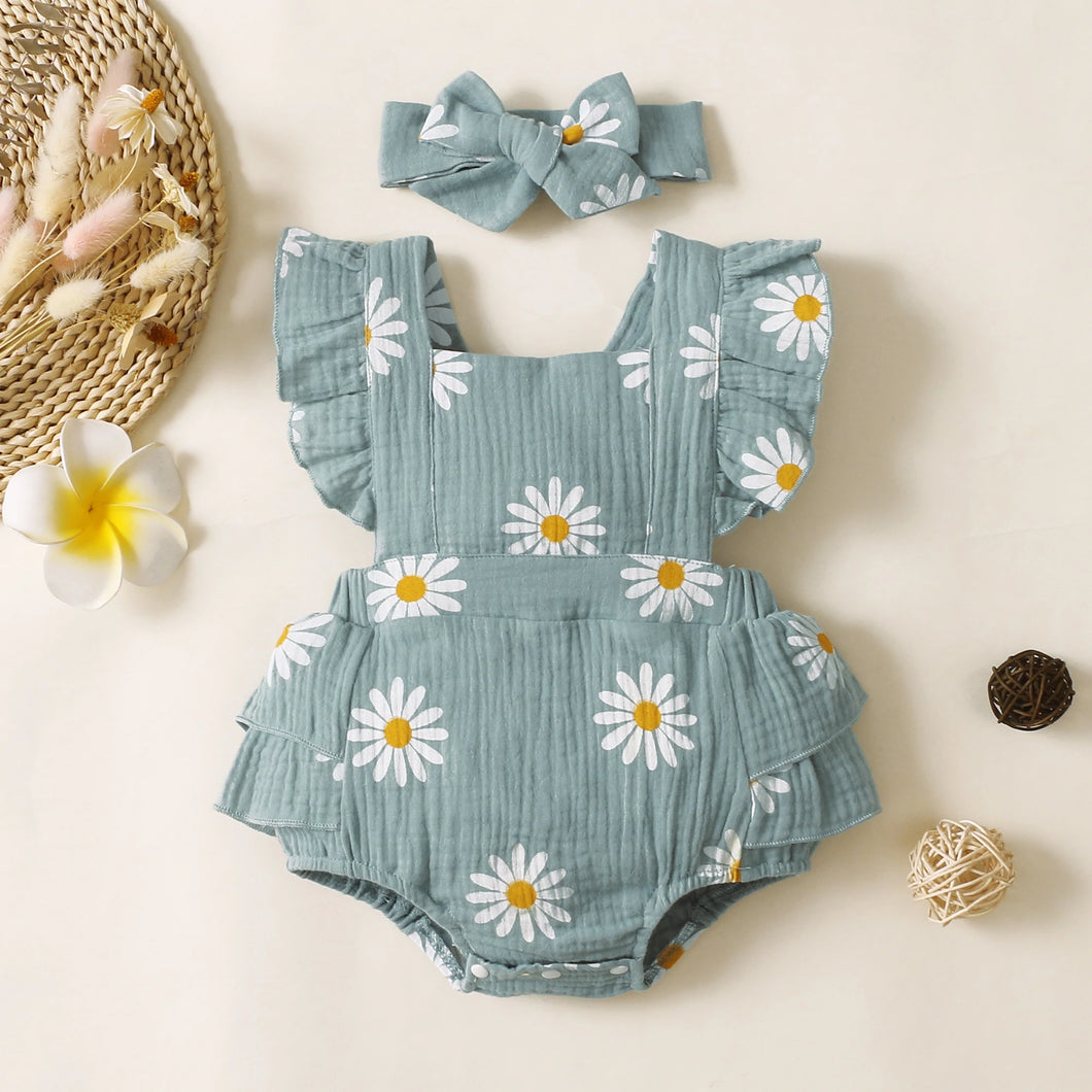 100% Cotton 2pcs Daisy Print Crepe Fabric Baby Romper Set - Bluish Grey