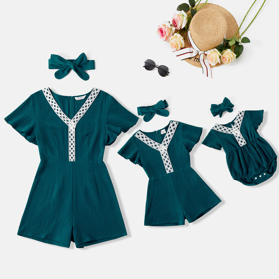 100% Cotton Crepe Lace Splicing Solid V Neck Ruffle Short-sleeve Romper Shorts - Turquoise