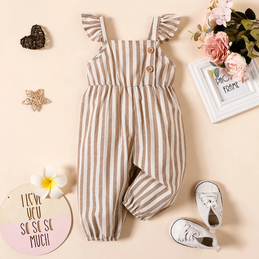 Girls Tan Striped Jumpsuit