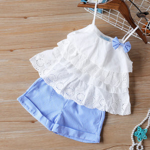 Girls White Tiered Top w/ Blue Striped Shorts